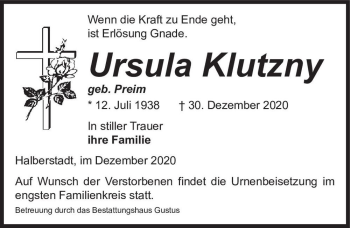 Traueranzeige von Ursula Klutzny (geb. Preim)  von Magdeburger Volksstimme