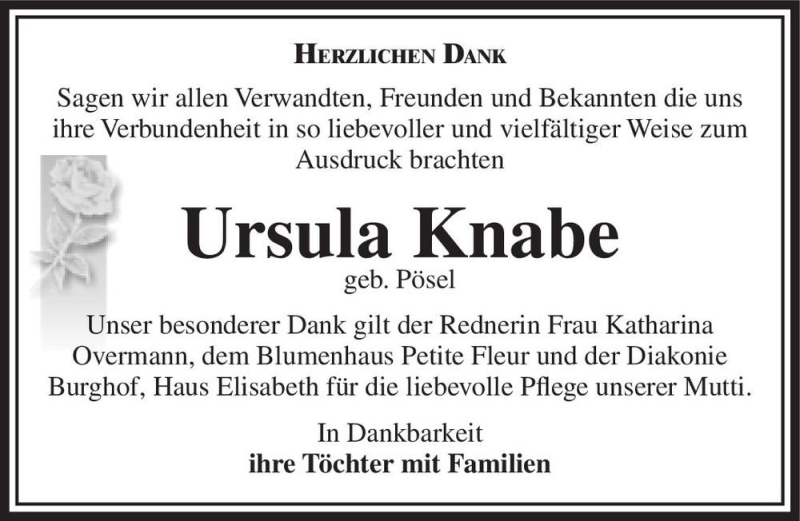  Traueranzeige für Ursula Knabe (geb. Pösel)  vom 06.02.2021 aus Magdeburger Volksstimme