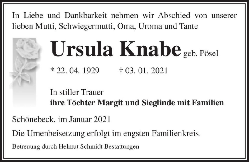  Traueranzeige für Ursula Knabe (geb. Pösel)  vom 09.01.2021 aus Magdeburger Volksstimme