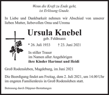 Traueranzeige von Ursula Knebel (geb. Feldmann)  von Magdeburger Volksstimme