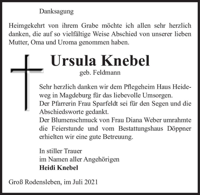  Traueranzeige für Ursula Knebel (geb. Feldmann)  vom 14.07.2021 aus Magdeburger Volksstimme