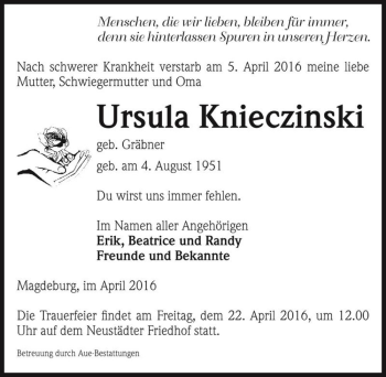 Traueranzeige von Ursula Knieczinski (geb. Gräbner)  von Magdeburger Volksstimme