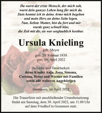 Traueranzeige von Ursula Knieling (geb. Meyer)  von Magdeburger Volksstimme