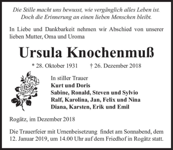 Traueranzeige von Ursula Knochenmuß  von Magdeburger Volksstimme