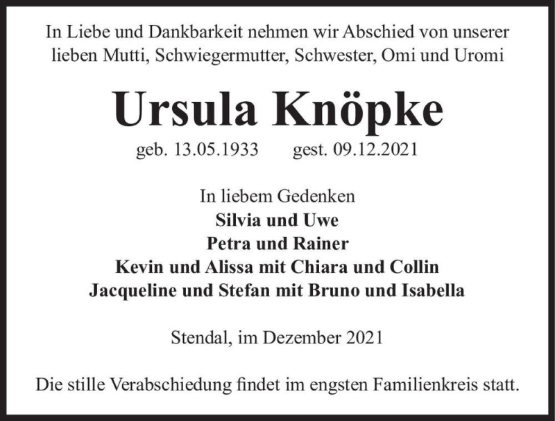  Traueranzeige für Ursula Knöpke  vom 18.12.2021 aus Magdeburger Volksstimme