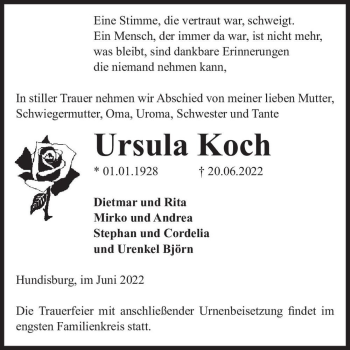 Traueranzeige von Ursula Koch  von Magdeburger Volksstimme