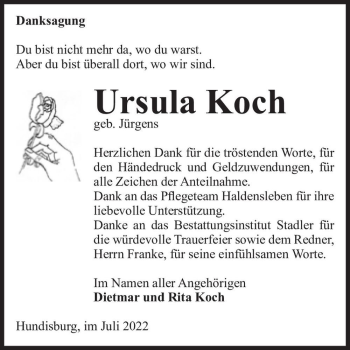 Traueranzeige von Ursula Koch (geb. Jürgens)  von Magdeburger Volksstimme