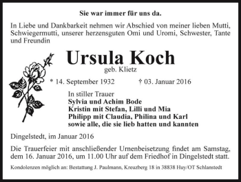 Traueranzeige von Ursula Koch (geb. Klietz)  von Magdeburger Volksstimme