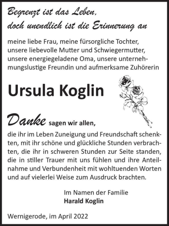 Traueranzeige von Ursula Koglin  von Magdeburger Volksstimme