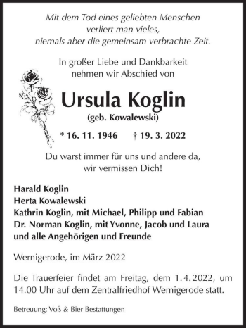 Traueranzeige von Ursula Koglin (geb. Kowalewski )  von Magdeburger Volksstimme