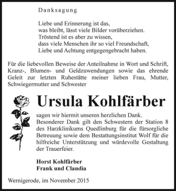 Traueranzeige von Ursula Kohlfärber  von Magdeburger Volksstimme