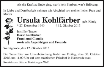 Traueranzeige von Ursula Kohlfärber (geb. König)  von Magdeburger Volksstimme