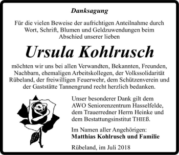 Traueranzeige von Ursula Kohlrusch  von Magdeburger Volksstimme