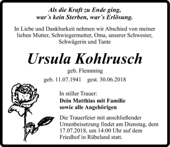 Traueranzeige von Ursula Kohlrusch (geb. Flemming)  von Magdeburger Volksstimme