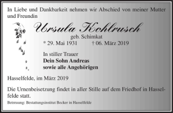 Traueranzeige von Ursula Kohlrusch (geb. Schimkat)  von Magdeburger Volksstimme