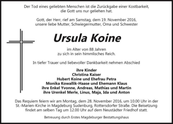 Traueranzeige von Ursula Koine  von Magdeburger Volksstimme