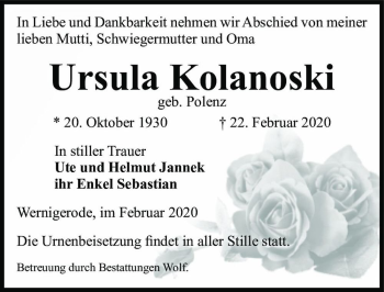 Traueranzeige von Ursula Kolanowski (geb. Polenz)  von Magdeburger Volksstimme