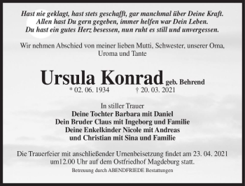 Traueranzeige von Ursula Konrad (geb. Behrend)  von Magdeburger Volksstimme