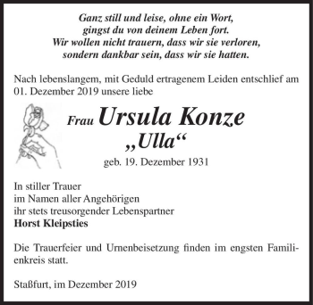 Traueranzeige von Ursula Konze ,,Ulla