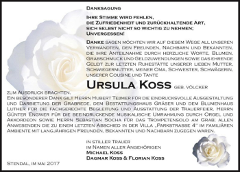 Traueranzeige von Ursula Koss (geb. Völcker)  von Magdeburger Volksstimme