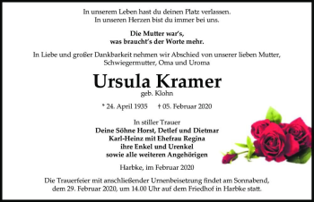 Traueranzeige von Ursula Kramer (geb. Klohn)  von Magdeburger Volksstimme