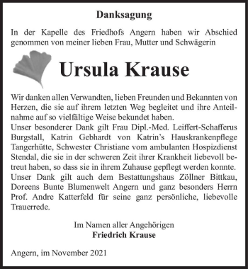Traueranzeige von Ursula Krause  von Magdeburger Volksstimme