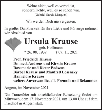 Traueranzeige von Ursula Krause (geb. Hoffmann)  von Magdeburger Volksstimme