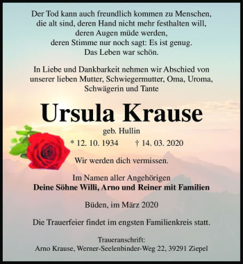 Traueranzeige von Ursula Krause (geb. Hullin)  von Magdeburger Volksstimme
