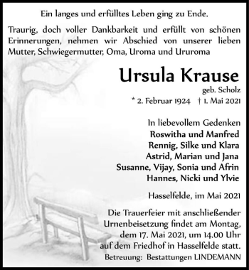 Traueranzeige von Ursula Krause (geb. Scholz)  von Magdeburger Volksstimme