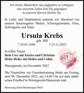 Traueranzeige von Ursula Krebs (geb. Hill)  von Magdeburger Volksstimme