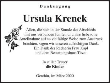 Traueranzeige von Ursula Krenek  von Magdeburger Volksstimme