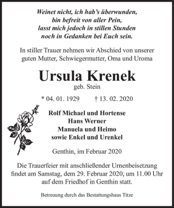 Traueranzeige von Ursula Krenek (geb. Stein)  von Magdeburger Volksstimme