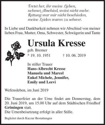 Traueranzeige von Ursula Kresse (geb. Bremer)  von Magdeburger Volksstimme