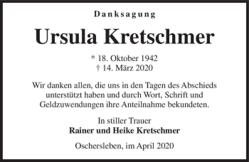 Traueranzeige von Ursula Kretschmer  von Magdeburger Volksstimme