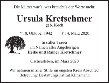 Traueranzeige von Ursula Kretschmer (geb. Koch)  von Magdeburger Volksstimme
