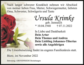 Traueranzeige von Ursula Krimke (geb. Jannusch)  von Magdeburger Volksstimme