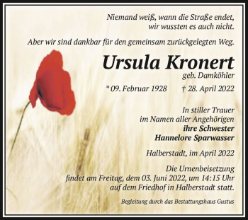 Traueranzeige von Ursula Kronert (geb. Damköhler)  von Magdeburger Volksstimme