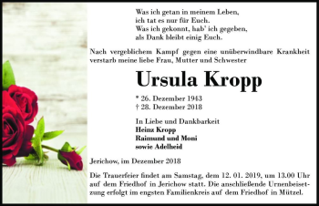 Traueranzeige von Ursula Kropp  von Magdeburger Volksstimme