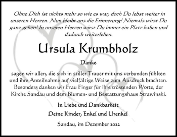 Traueranzeige von Ursula Krumbholz  von Magdeburger Volksstimme