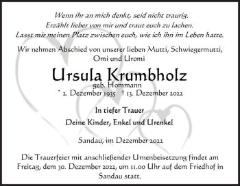 Traueranzeige von Ursula Krumbholz (geb. Hommann)  von Magdeburger Volksstimme