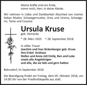 Traueranzeige von Ursula Kruse (geb. Heinecke)  von Magdeburger Volksstimme
