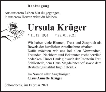 Traueranzeige von Ursula Krüger  von Magdeburger Volksstimme