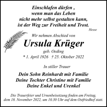 Traueranzeige von Ursula Krüger (geb. Oeding)  von Magdeburger Volksstimme