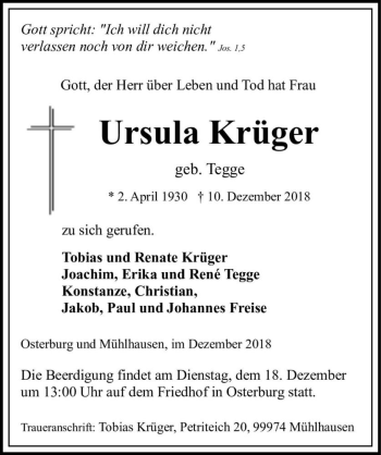 Traueranzeige von Ursula Krüger (geb. Tegge)  von Magdeburger Volksstimme