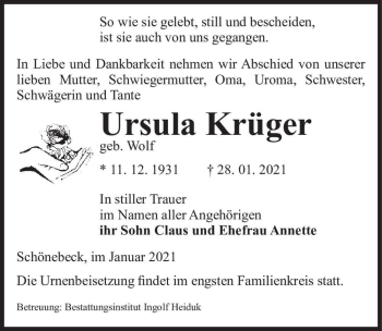 Traueranzeige von Ursula Krüger (geb. Wolf)  von Magdeburger Volksstimme