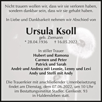 Traueranzeige von Ursula Ksoll (geb. Ziemann)  von Magdeburger Volksstimme