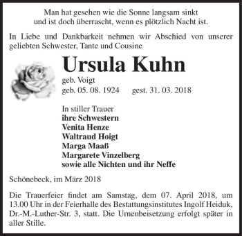 Traueranzeige von Ursula Kuhn (geb. Voigt)  von Magdeburger Volksstimme