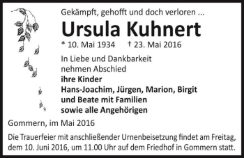 Traueranzeige von Ursula Kuhnert  von Magdeburger Volksstimme
