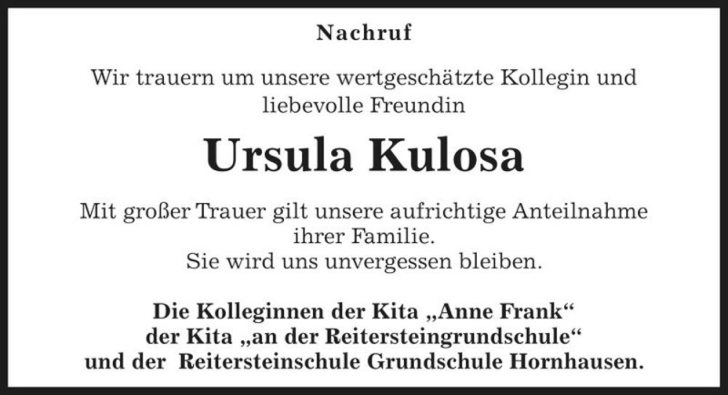  Traueranzeige für Ursula Kulosa  vom 17.11.2015 aus Magdeburger Volksstimme