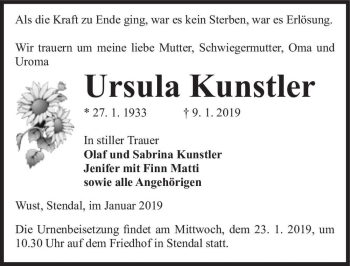 Traueranzeige von Ursula Kunstler  von Magdeburger Volksstimme